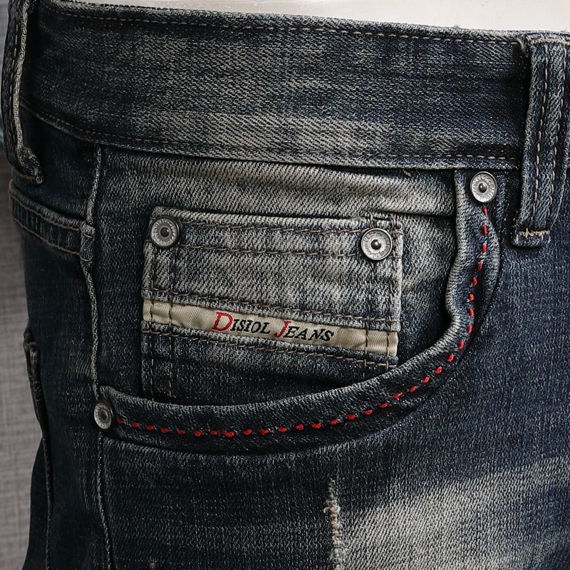 European American Street Fashion Men Jeans Retro Dark Blue Embroidery Designer Ripped Jeans Men Patches Hip Hop Denim Punk Pants