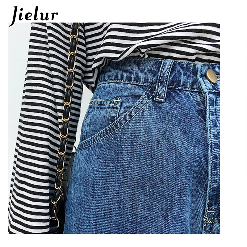 

Jielur Woman Jeans Autumn Loose Chic Pocket High Waist Jean Pants Women Chic Slim Blue Denim Trousers Femme Jeans