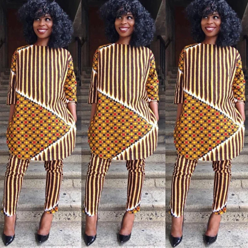 Африканская мода цифровая печать женский рукав три четверти Круглый Вырез Топ с