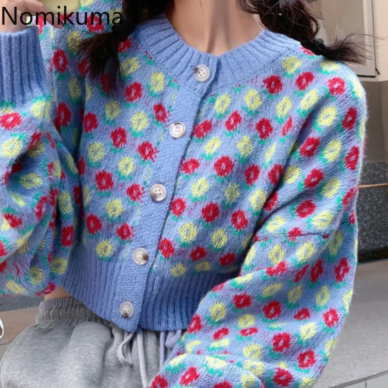 

Nomikuma Sweet Cropped Cardigan Women Flower Pattern O Neck Single Breasted Vintage Knitwear Casual Cute Long Sleeve Sweater