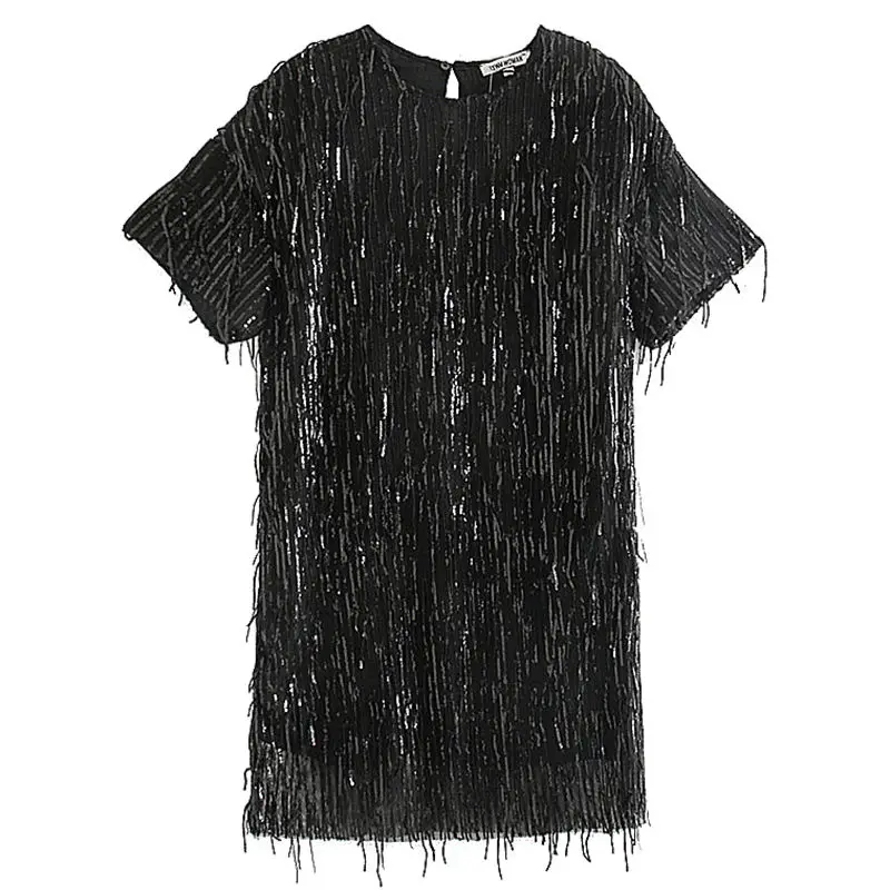 Женское модное тонкое черное зеленое платье с блестками круглым вырезом и