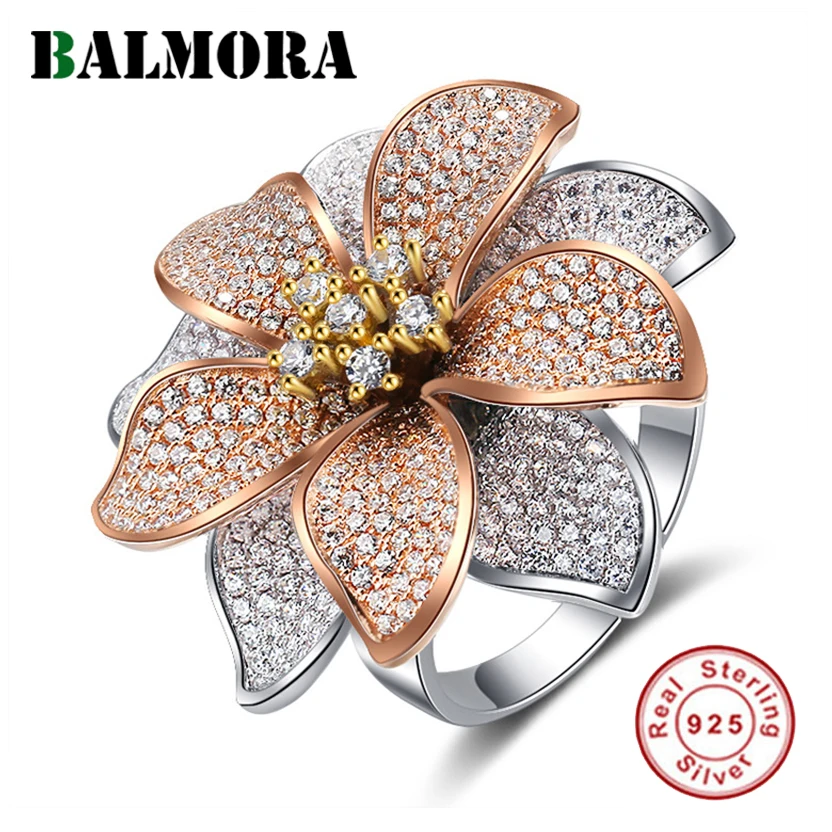 BALMORA Настоящее серебро 925 пробы красивый цветок из циркона кольца для женщин любовница подарок Мода розовое золото ювелирные изделия Anillos