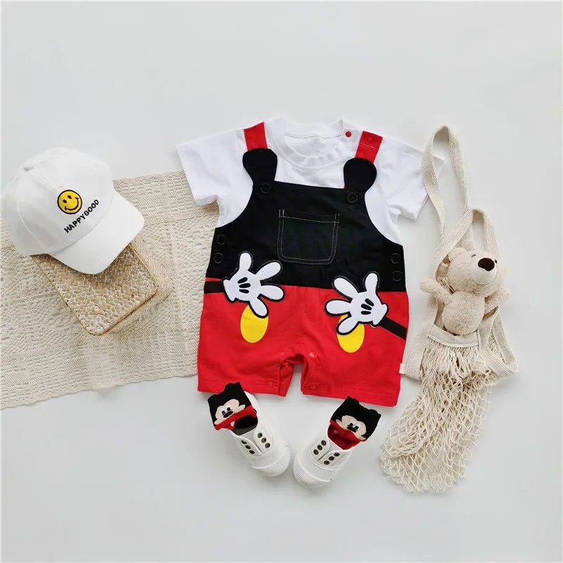 Summer Newborn Baby Rompers Socks Set Cartoon Mickey Mouse Hand Boy Girl Jumpsuit Infant Costumes Cotton Short Sleeve Bodysuits