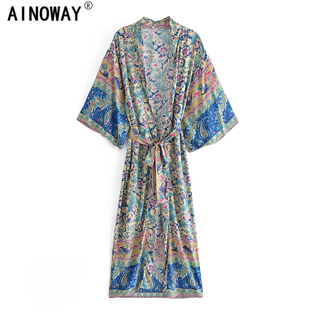 Vintage Chic Women Floral Print Bat Sleeve Beach Bohemian Kimono Happie Dress Ladies V Neck Summer Boho Robe Cover-up | Женская одежда