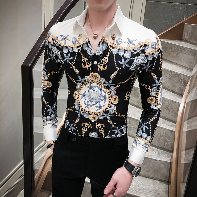 

Summer new men's shirt British men's long-sleeved shirt Korean Slim mercerized cotton fashion printed shirt men clothing