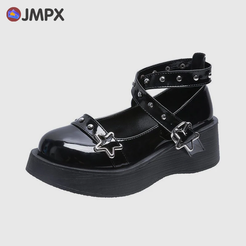 

JMPX 2022 Women Shoes Japonese Style Lorita Shoes High Heel Platform College Student Cosplay Shoes Star Buckle Mary Jane Shoes