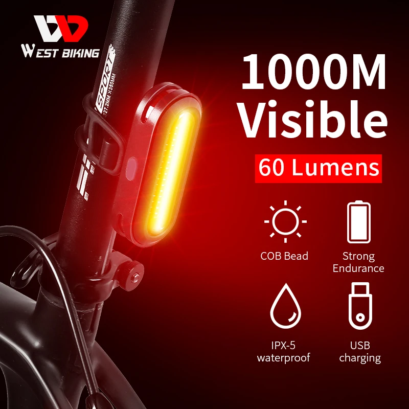 

WEST BIKING Bicycle Rear Light USB Rechargeable LED Tail Light Bike Accessories 6 Mode Cycling Safety Helmet Bag Lamp