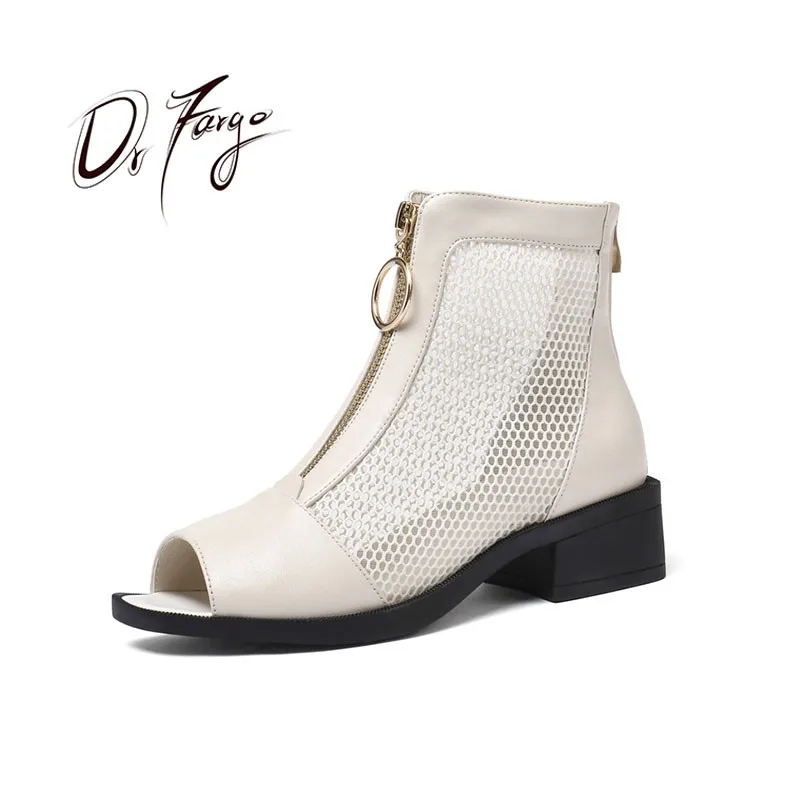 

DRFARGO Summer Ankle Boots for Women Shoes Peep toe WHITE BLACK back zip Boots Air mesh Breathable Low Heel Shoes Big size JD330