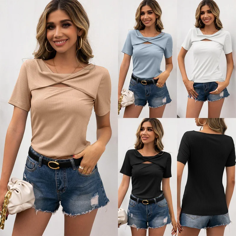 

2022 Women Clothing Summer New Solid Color Hollow Out Short Sleeve Slim Fit Cover Head Ken Bar Round Neck T-Shirt Tops Tees