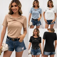 2022 women clothing summer new solid color hollow out short sleeve slim fit cover head ken bar round neck t shirt tops tees