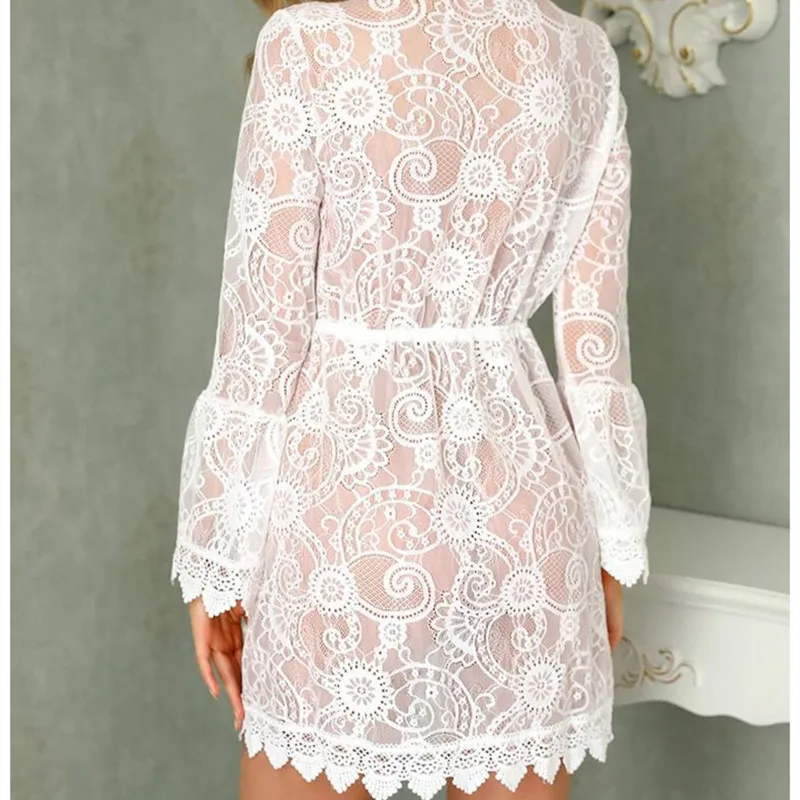

Summer Sexy Hollow Out Women Dress 2020 Fashion V-neck Lace Patchwork Mini Dress Long Sleeves