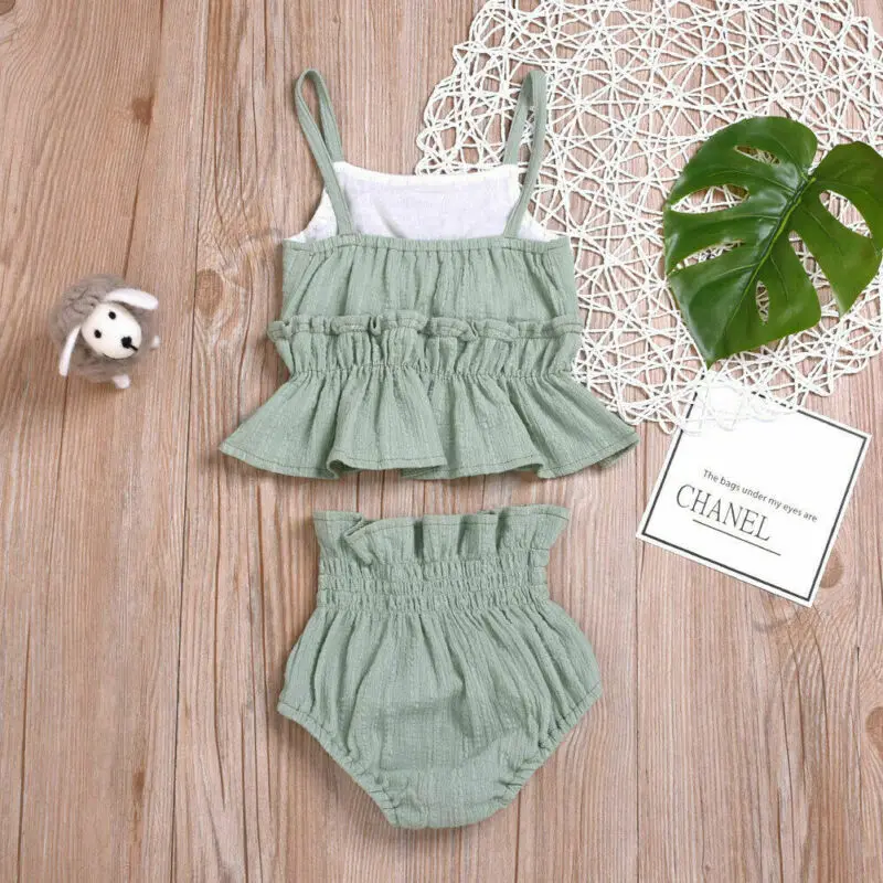 

UK Infant Kid Baby Girl Linen Ruffle Tops Shorts Pants Outfit Clothes 0-18M 2PCS