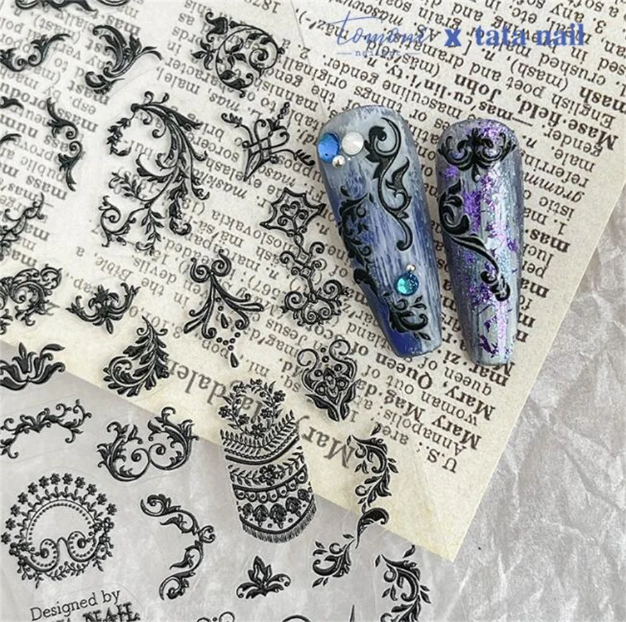 1 Sheet Japanse Style Black Baroque Nail Sticker 5D Engraved Nail Art Decorations Nail Decals Design High Quality
