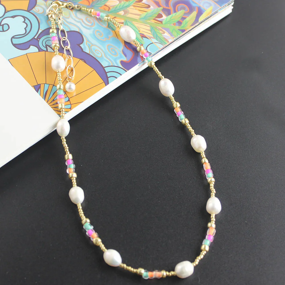 

Elegant Korea 2022 Natural Pearl Chain Choker Necklace Sets For Women colorful Seed Beads Bracelet Earring Fashion Jewelry