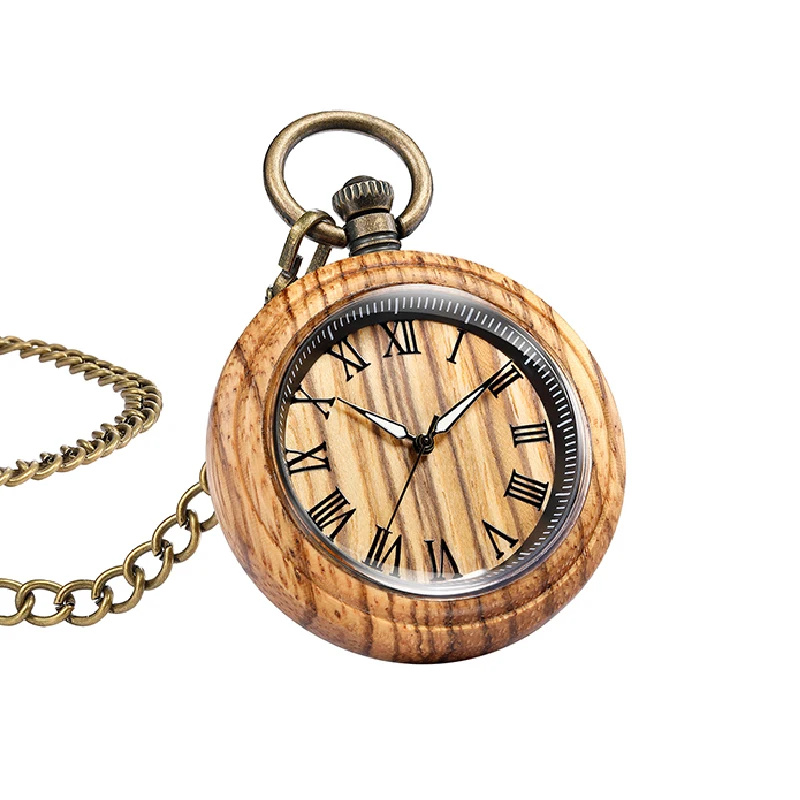 

Steampunk Retro Stripe Wood Engraving Bamboo Wooden Quartz Pocket Watch Vintage Bronze Pocket Hanging Chain Clock PW003