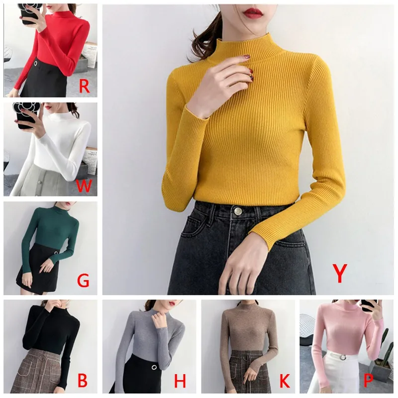 

Autumn Winter Women Long Sleeve Pullover Slim Fit Sweater Basic Sweaters Turtleneck Knit Tops