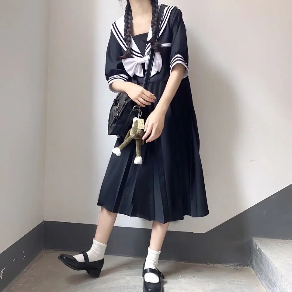 

Spring Dresses Short Sleeve Harajuku Sailor Collar Navy Dress Women Clothes Japanese Korea Fashion Kawaii Lolita Girl Academy