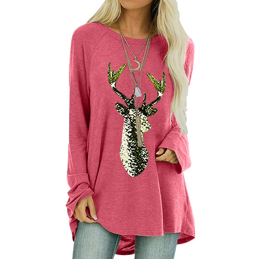 

Autumn t Shirt Women Christmas Letter Printed Deer animal Casual Top Loose Long Sleeve Female t Shirt Christmas Pullovers