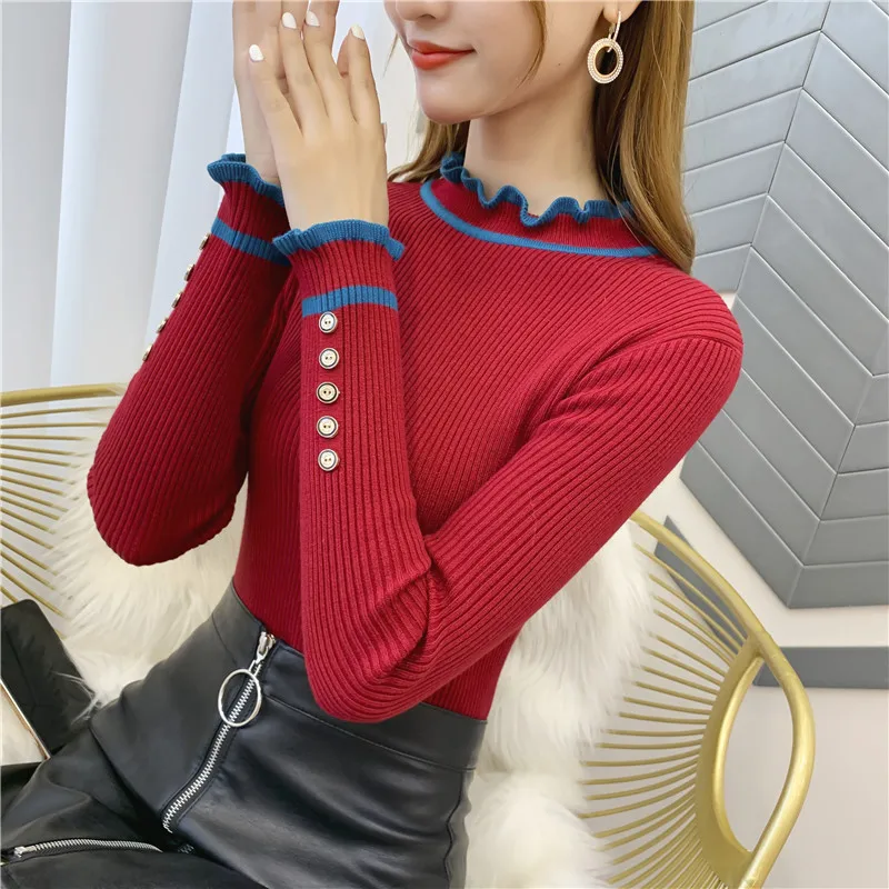 OHCLOTHING5344-женские свитера 2019New Женский пуловер высокая эластичность falbala вязаный кружевной воротник подходит ко всему джемпер