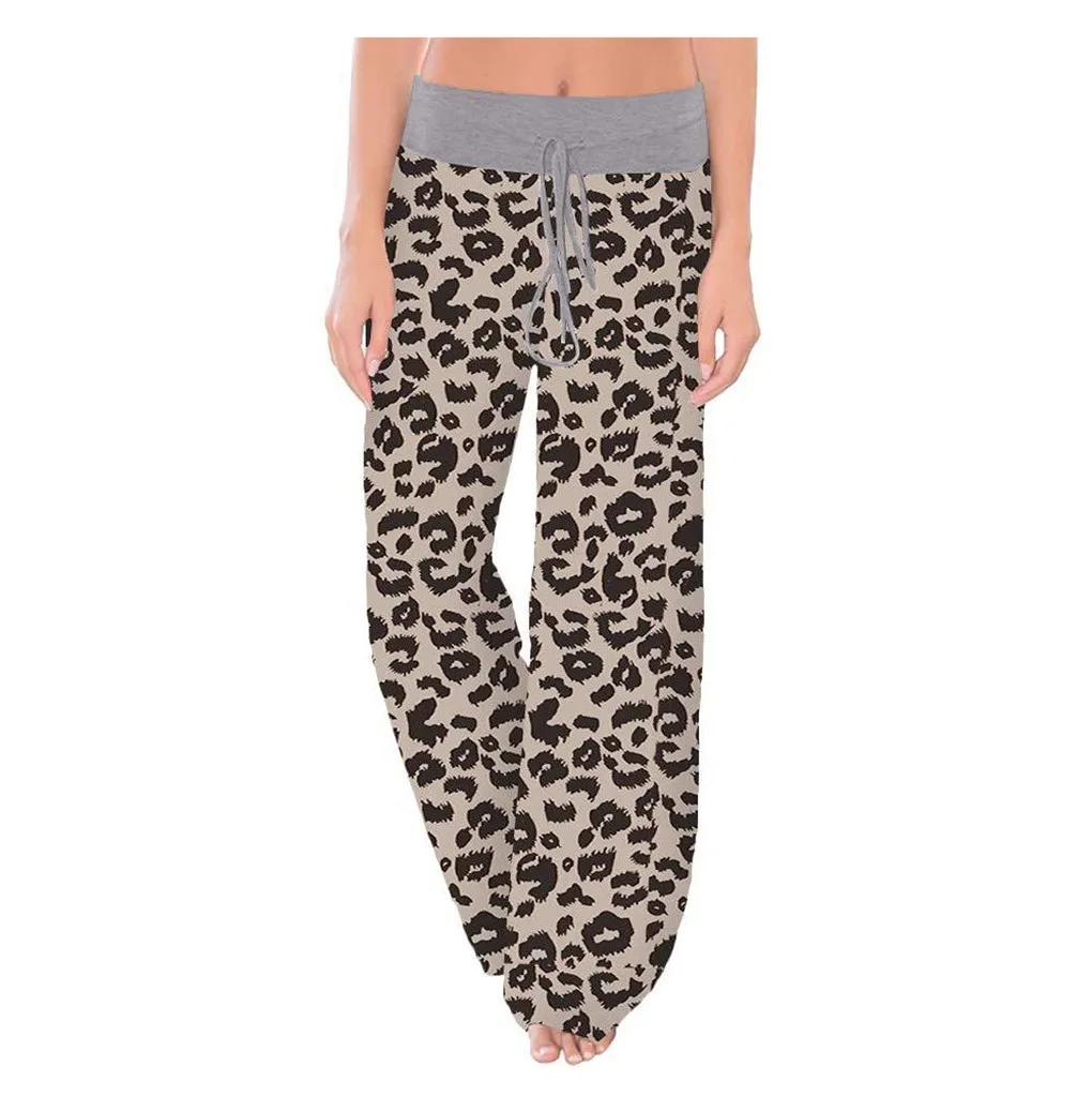 Womens Comfy Stretch Leopard Print Drawstring Wide Leg Lounge Pants Fashion Casual Sexy High Quality Jeans 2.25 | Спорт и