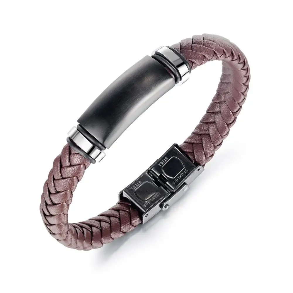 

New Arrival Original Design Jewelry Punk Black Brown Braided Leather Bracelet for Men Stainless Steel Fashion Bangles Gifts