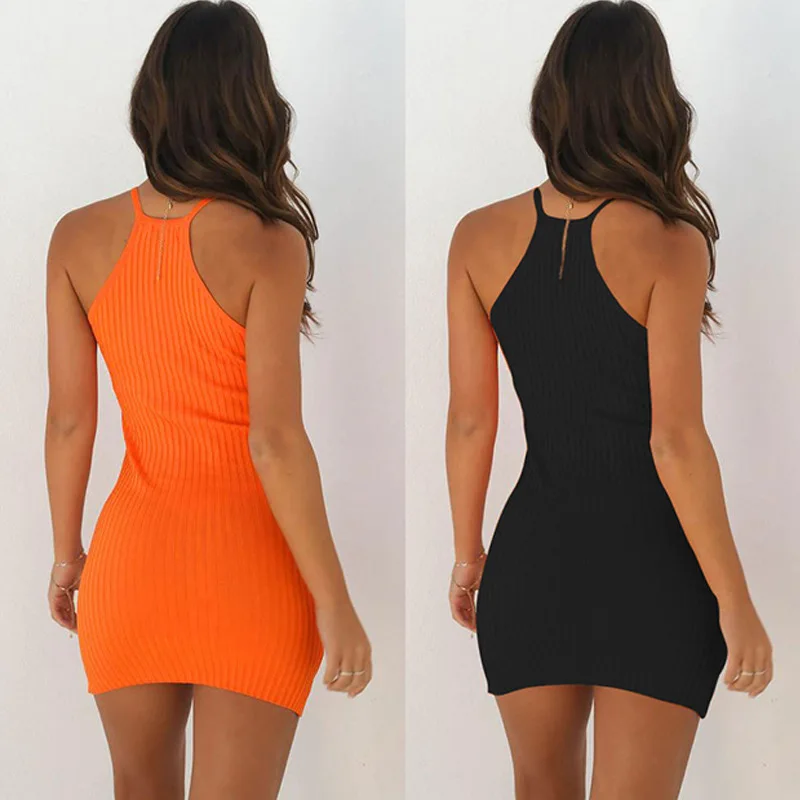 

Women Dress Sexy Backless Tank Slim Skinny Short Knitted Bodycon Sleeveless 2020 New Arrival Fashion Halter Lady Party Dress