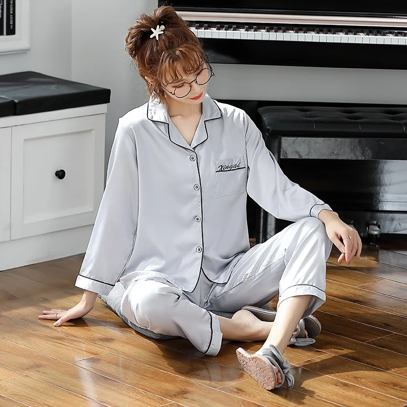 

Long Sleeve Silk Pajamas Set for Women Flowers Print Sleepwears Pring Summer Women Nightwear Casual Home Cloth Soft Pajamas Girl