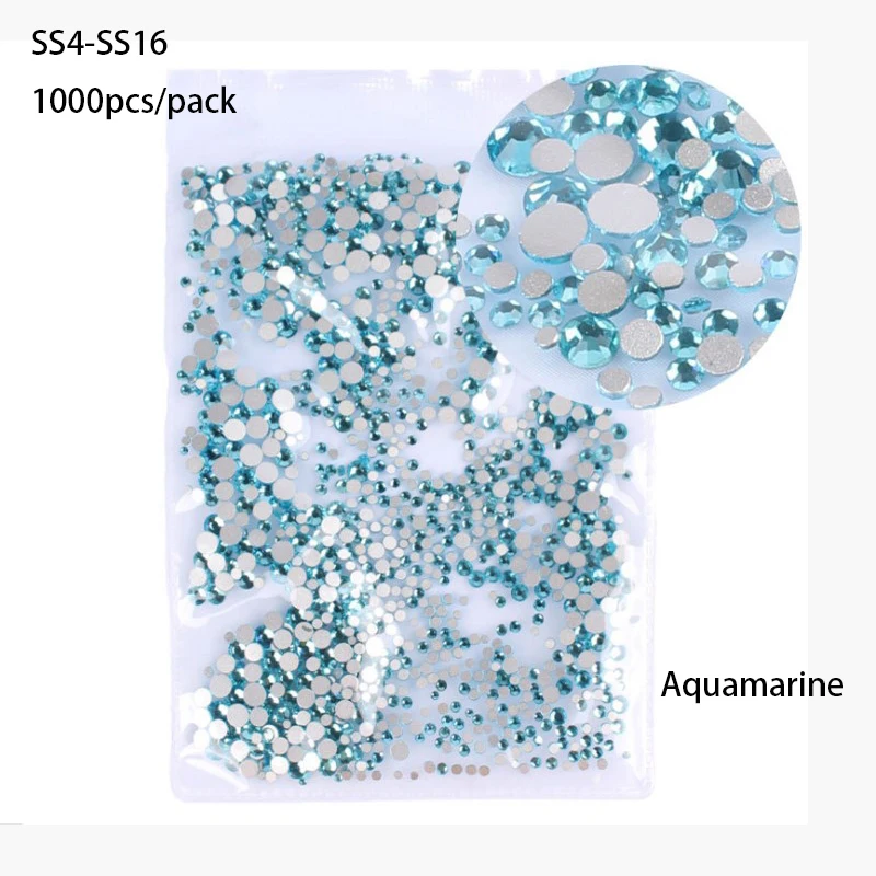 Aquamarine 1000pcs SS3-SS30 Супер Блестящий Кристалл AB аксессуары плоская задняя сторона стекло Хамелеон Стразы для ногтей для шармов 3D украшения для ногтей - Цвет: Aquamarine 1000pcs