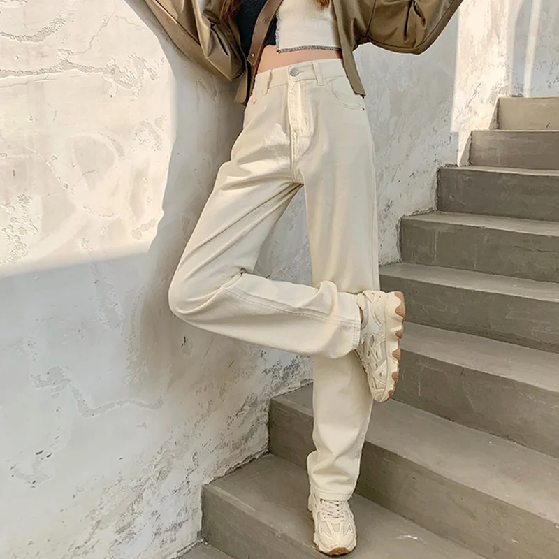 

Женские прямые свободные джинсы, бежевые джинсы с высокой талией и широкими штанинами, для осени и зимы, 2021