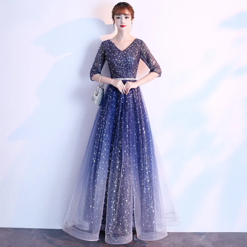 

V-neck Sequin Evening Gown Long Paragraph Bridal Dress Fashion Party Temperament Elegant Prom Gowns Vestido De Noche