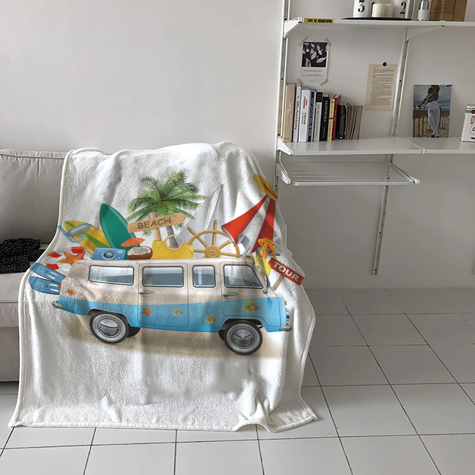 

Car Coconut Tree Surfboard Throw Blanket Picnic Travel Blanket Portable Soft Bedspread Microfiber Flannel Blankets for Beds