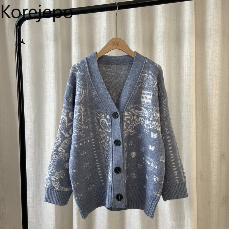 

Korejepo Women Korean Style Loose Fashion Printing Retro Geometric Mid-length Sweater Cardigan 2021 Autumn Winter New Jacket