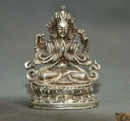 50mm Tibetan Buddhism temple silver 4 Arms Chenrezig tara Kwan-Yin Buddha statue