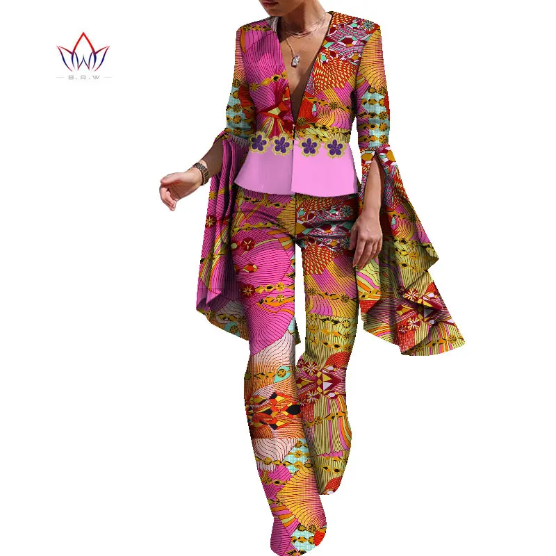 Bintarealwax Africa Pant Sets for Women Dashiki Crop Top and Pants Africa Clothing Bazin Plus Size 7XL African Clothing WY8779