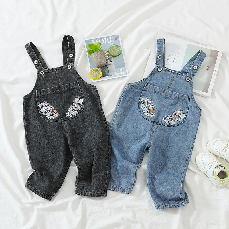 

Spring Kids Trousers 2021 Baby Boys Girls Denim Overalls Korean Casual Cartoon Denim Jumpsuits for Toddler Baby Children Pants