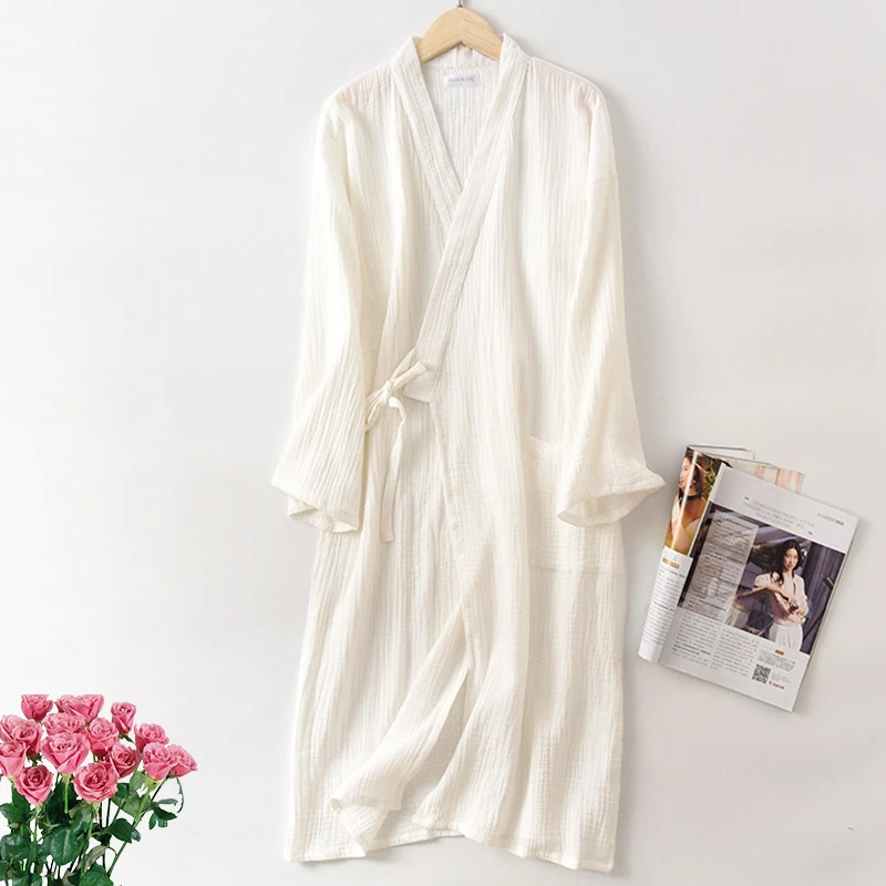 Kimono Bathrobe Sleepwear Nightgown Summer Nightwear Dressing Couple's Pajamas 100% Cotton Lingerie Intimate Japanese-Style Pink