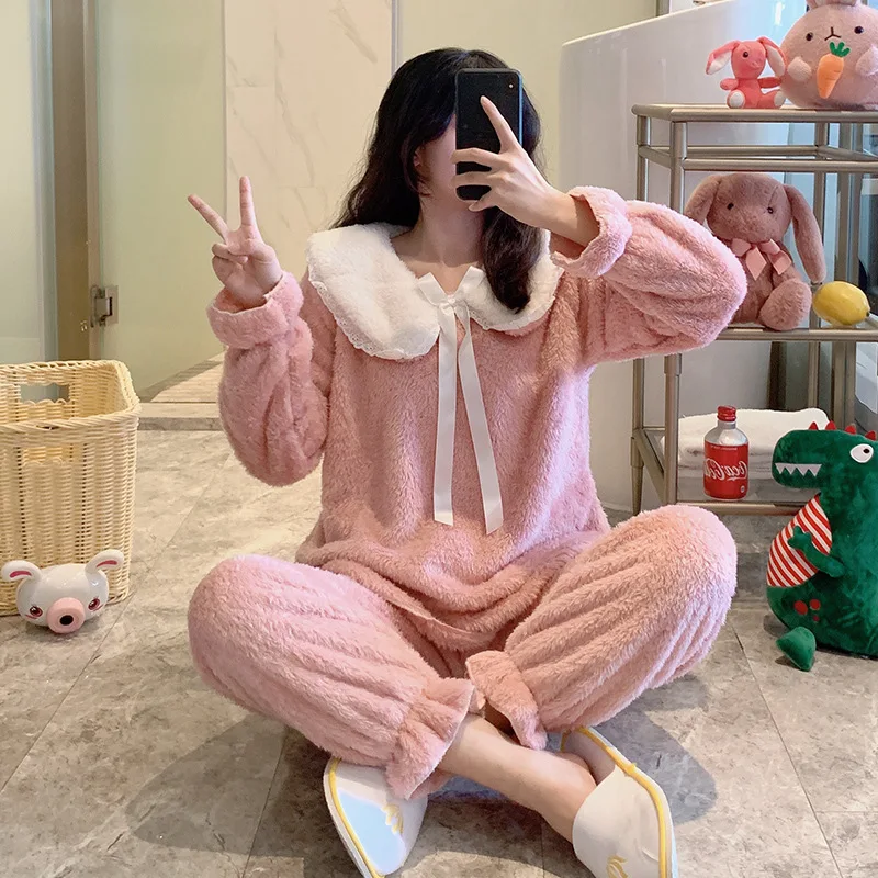 Coral Velvet Pajamas Women's Autumn and Winter Thickened Plush Lovely and Sweet Flannel Princess Style Women's Home Wear