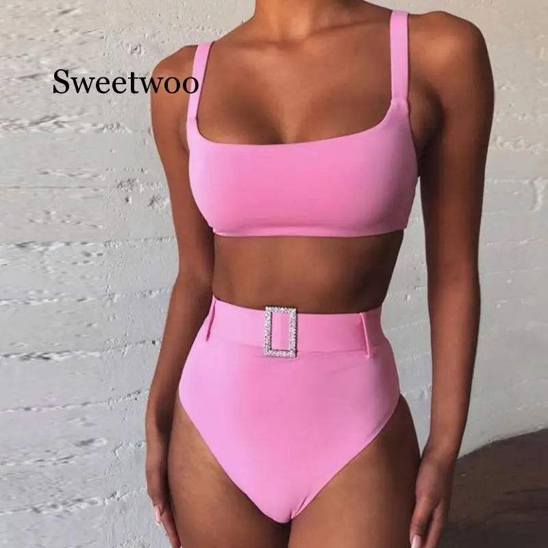 Бикини с высокой талией 2020 женский розовый купальный костюм купальники ремнем