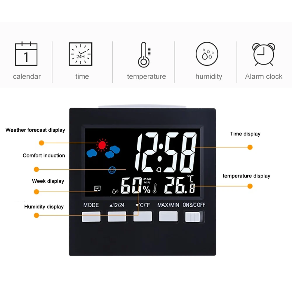 Цифровой термометр гигрометр цветной ЖК-дисплей функция повтора будильника