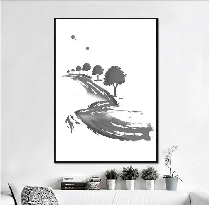 Wall Art китайская живопись на холсте Стиль чернила простой поток деревья