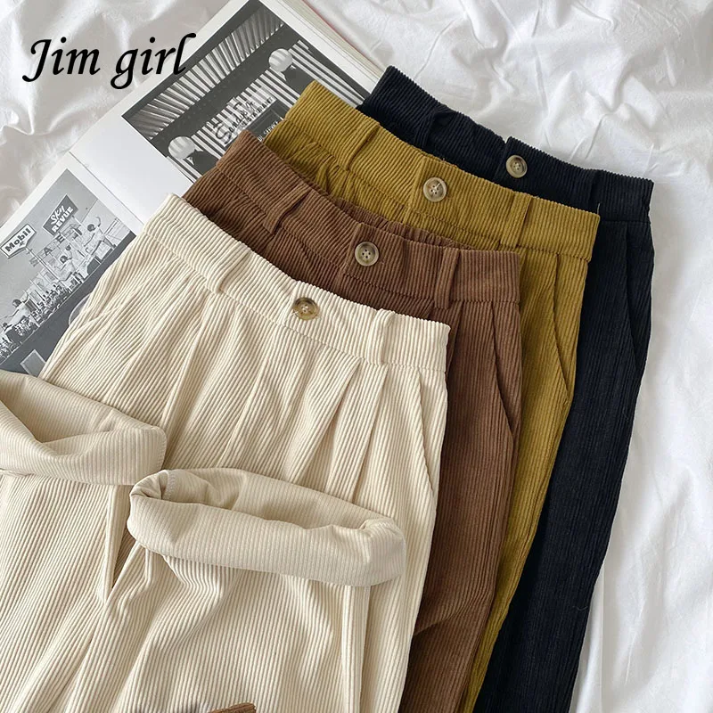 

Винтажные вельветовые брюки с широкими штанинами для женщин, осенняя Корейская Повседневная Свободная уличная одежда с высокой талией и пр...