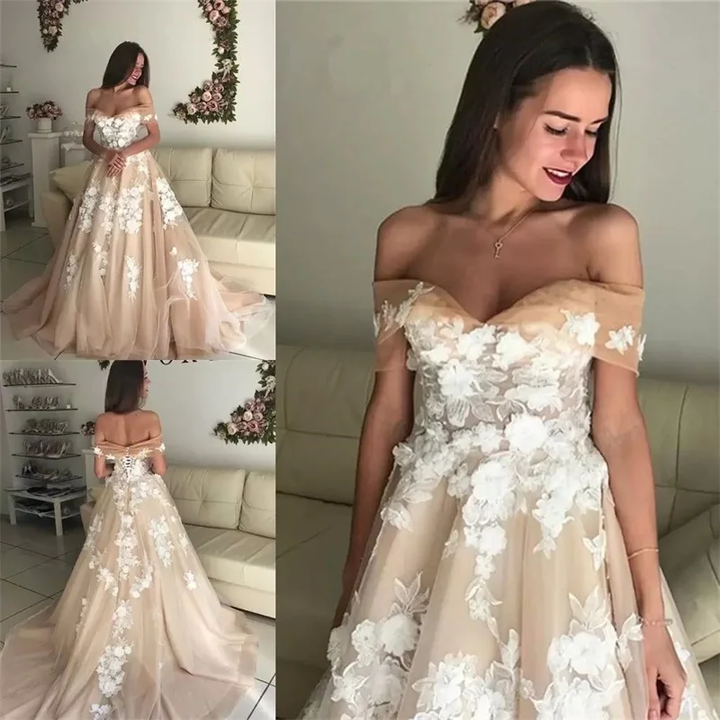 

Champagne A Line Wedding Dresses Beach Bridal Gown Off the Shoulder 3D Floral Applique Custom Made Tulle Robe de mariée