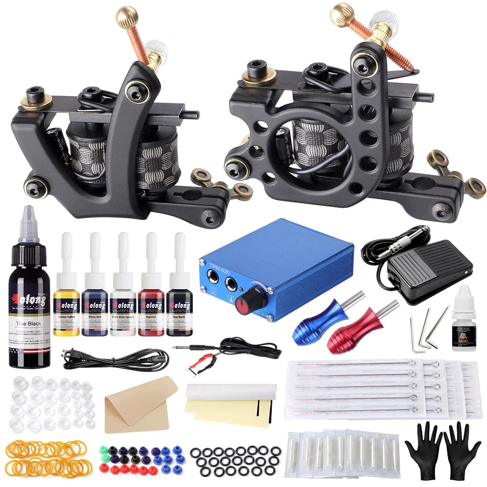 Клеймо татуировки Полный комплект 2 машины 1 источник питания 10 чернил ручки 20