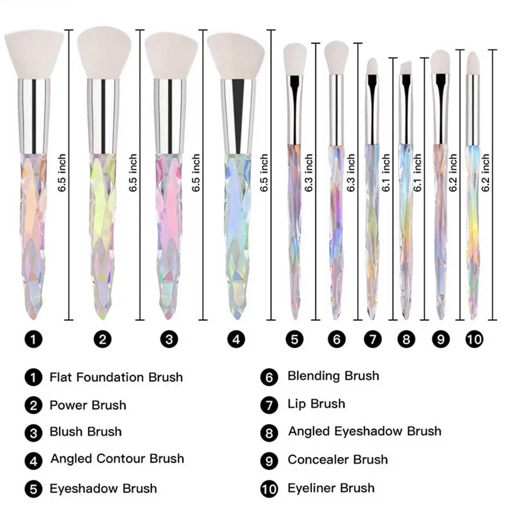 

10 Makeup Brushes Universal Popular Makeup Pen Set 10 makeup brush set, crystal handle, eye shadow brush, loose powder brush