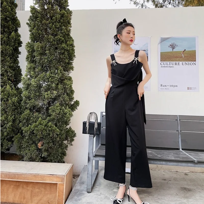 

Korejepo Women Jumpsuits 2021 Summer New Casual Bowknot High Waist Black Suspenders One-piece Wide-leg Pants Loose Office Lady