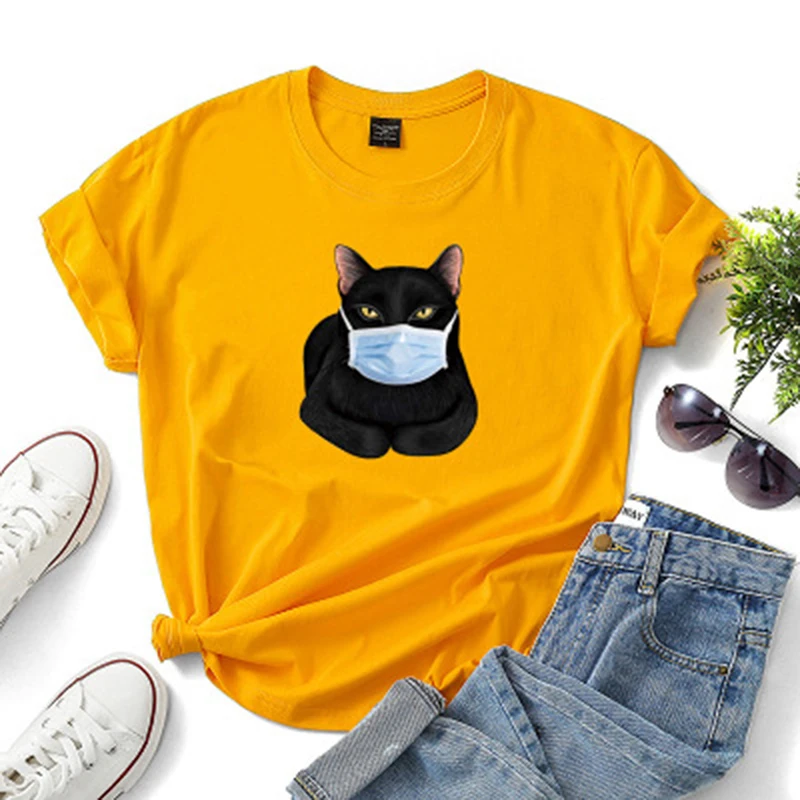 Женская футболка маска кот мультяшный принт повседневная модная короткий рукав