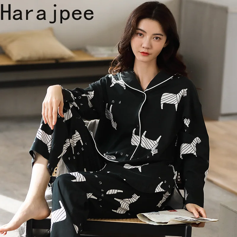 

Harajpee Pajamas Women's Spring and Autumn Cotton Long Sleeved Cardigan Thin Can Be Worn Outside Home Clothes Two-piece Suit