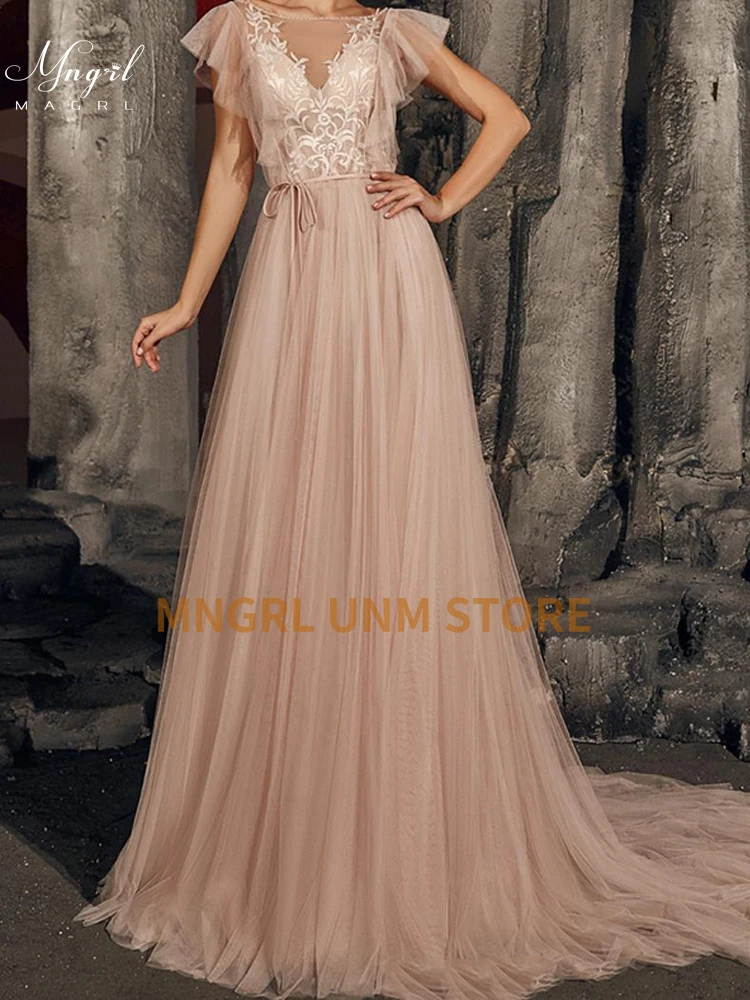 

MNGRL Simple Retro Wedding Dress V-neck Sleeveless Ruffle Wedding Gown Backless Plus Size Tail Bridal Dresses