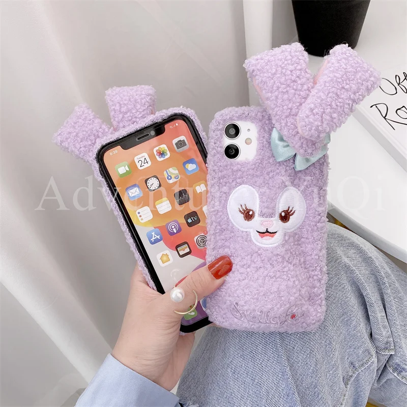 

Передвижной плюшевый чехол для телефона с кроличьими ушками для iPhone 13, 12, 11 Pro, XS, Max, X, XR, 7, 8, 6, 6S Plus, противоударный мягкий меховой чехол с милым...
