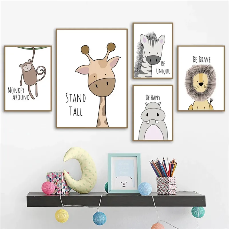 

Cute Cartoon Animal Canvas Painting Decorative Be Brave Be Strong Children's Room Kindergarten Wall Art Picture Kids Home Decor